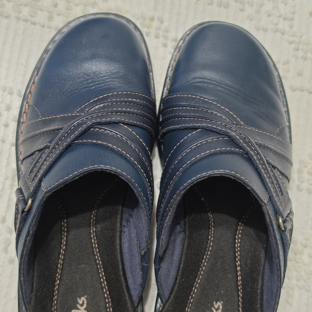 Clarks Navy Leather Clogs Mules Women's Size 7M Slip On Comfort Shoes - Picture 8 of 9